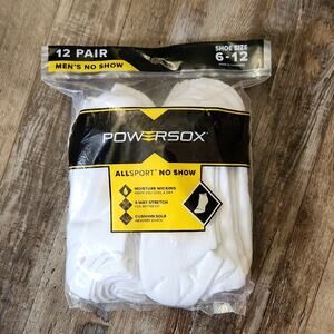 Powersox Men's No Show White Socks 12 Pack Size 6-12 Wicking Cushion‎ Sole
